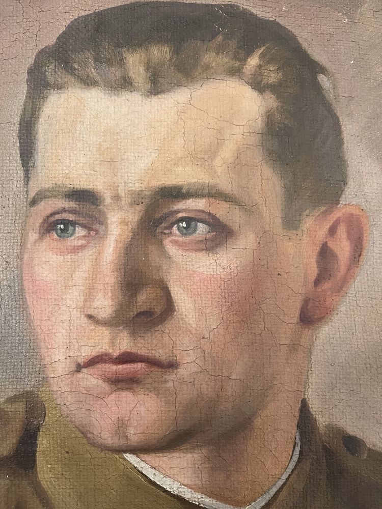 Tablou vechi, romanesc. Portret de soldat! Pictura ulei pe panza sac