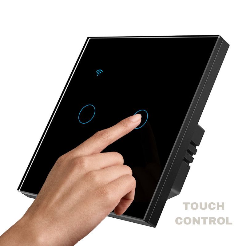 Intrerupator smart touch iUni 2F, Wi-Fi, Sticla securizata, LED, Black