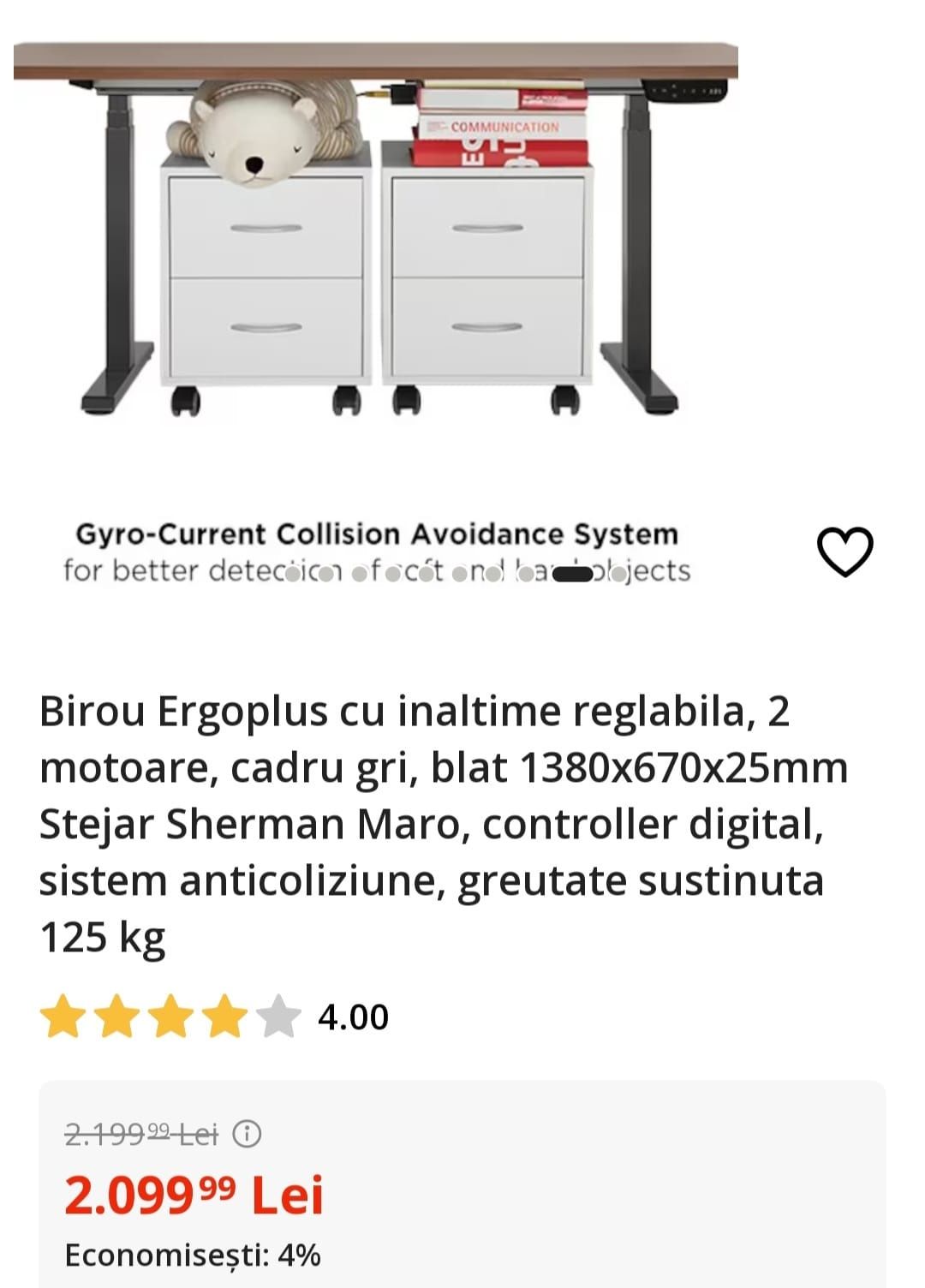 Birou Ergoplus înălțime reglabilă, 2 motoare, cadru gri, blat stejar