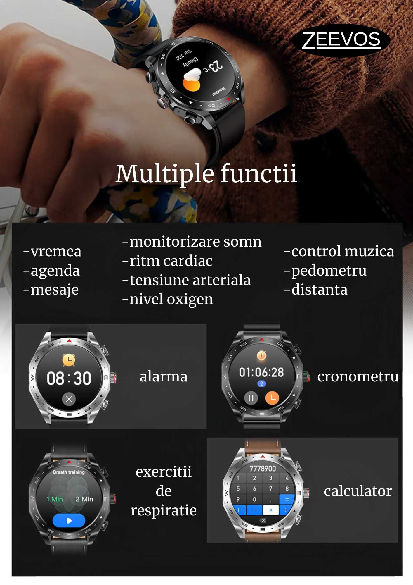 Smartwatch ZEEVOS t95 2in 1 cu casti bluetooth incorporate