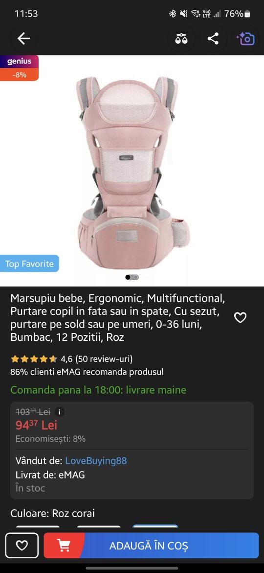 Ham suport marsupiu bebe roz