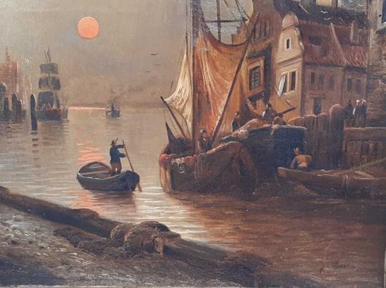 Tablou foarte vechi - veliere in port - semnat Jan Wijnand