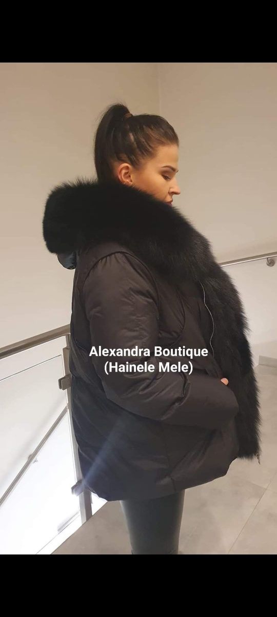 Geaca umpluta cu puf si cu guler din blanita naturala de vulpe
Marimi