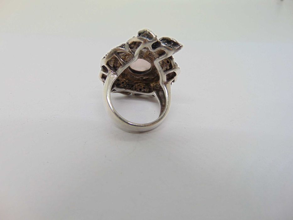 Inel statement din argint cu marcasite si quartz roz