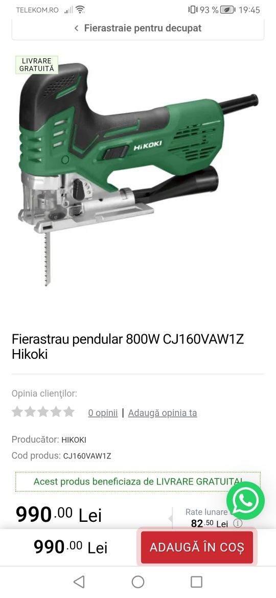 Fierăstrău pendular/șoricel Hikoki CJ160VA, 800W