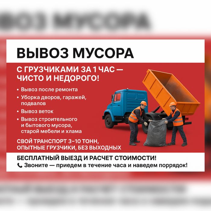 Вывоз мусора с грузчиками за 1 час чисто и недорого!