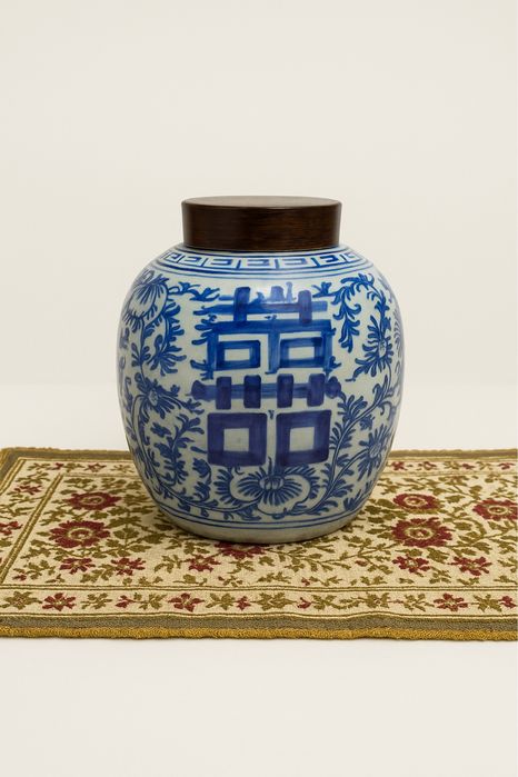 Китайски буркан Double Happiness синьо бял винтидж 1900 г