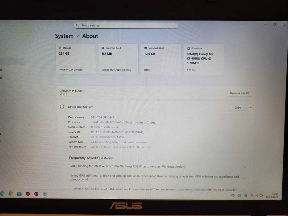 ASUS 17.3" X751 Intel Core i3-4010U 1.7G Laptop 12 GB DDR3L 240 GB SSD