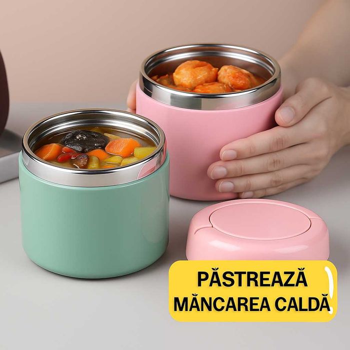 Caserola Termos pentru Mancare 630ml – Inox Premium Roz/Verde