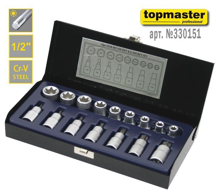 Вложки E10-E24, T30-T70, 1/2", 16бр в метална кутия Topmaster 330151