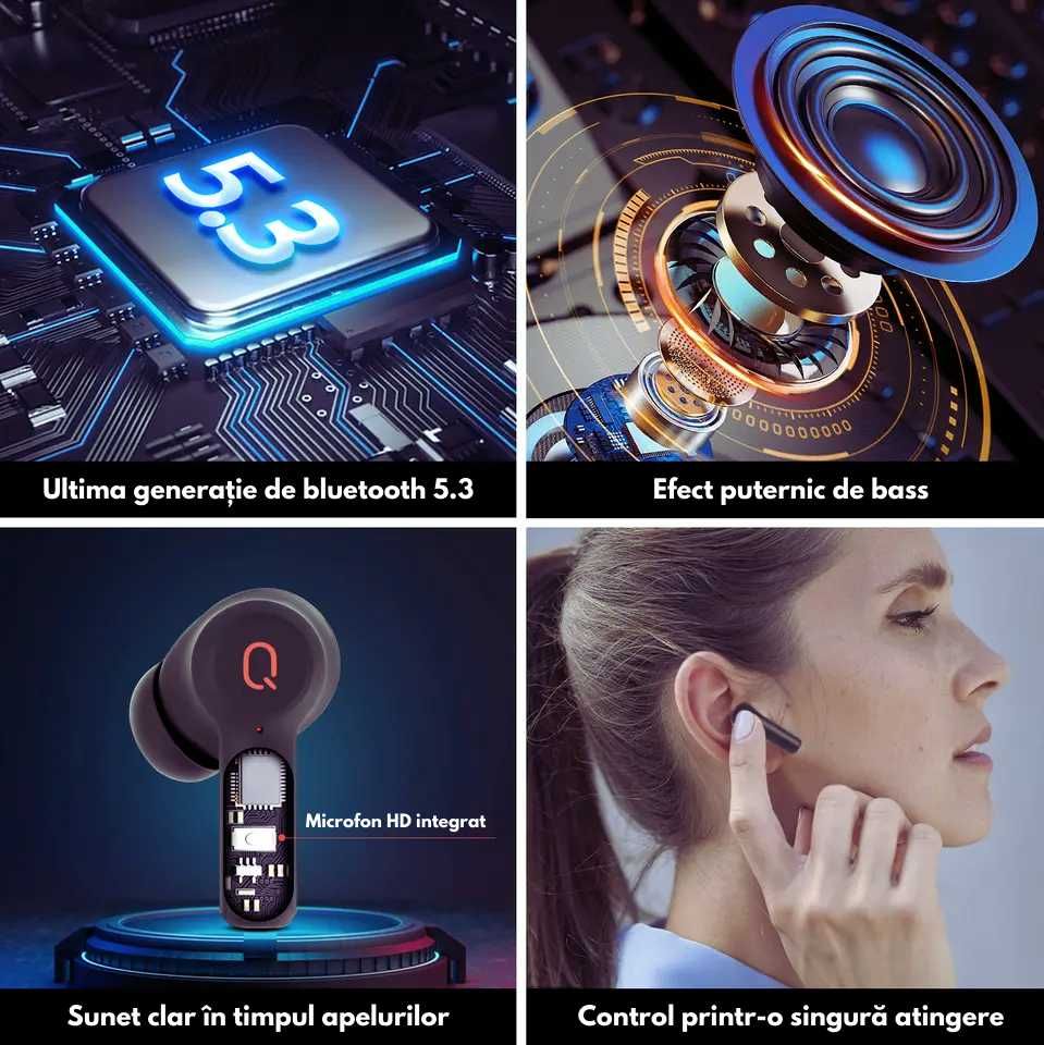 Casti Bluetooth Wireless QERE® E20, Touch, Waterproof, 6h Autonomie