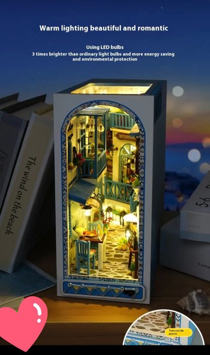 DIY Book Nook 3D дървен пъзел/ къща миниатюра с LED светлини / книгора