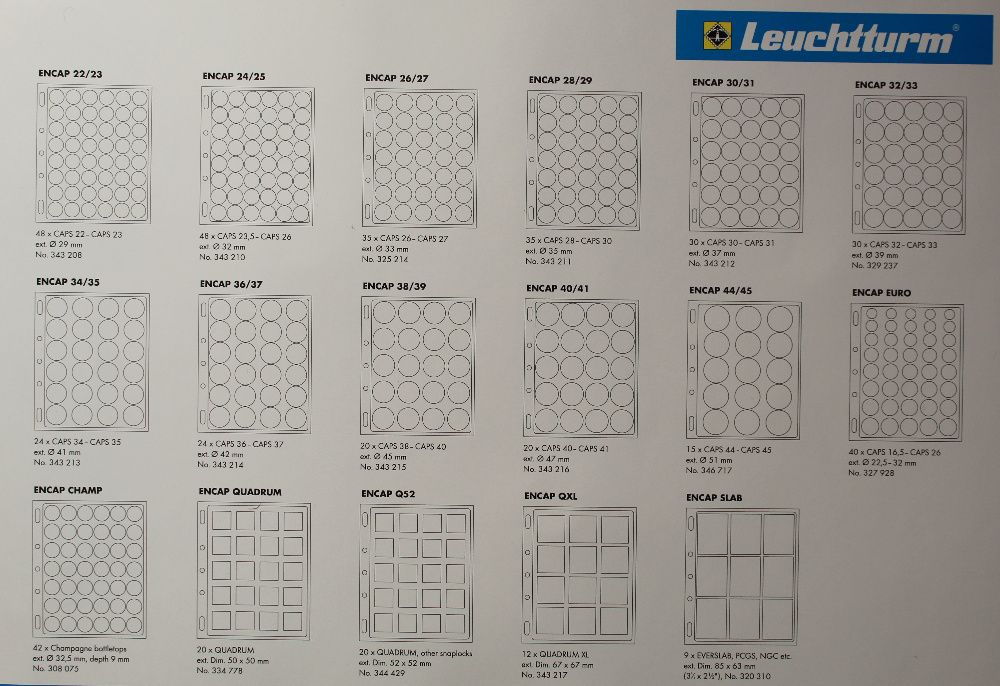 листи за съхранение на монети в капсули ENCAP - 17 вида