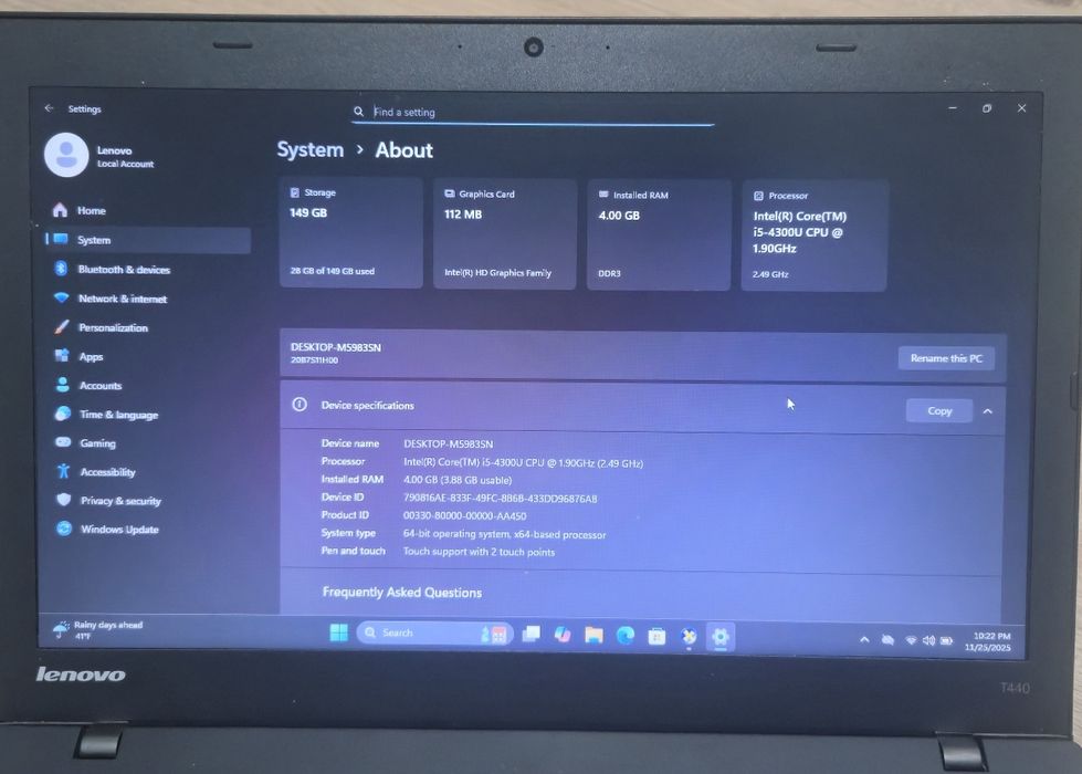 Laptop Lenovo T440 I5 4300U 2.50GHz 4GB Ram SSD Windows 11