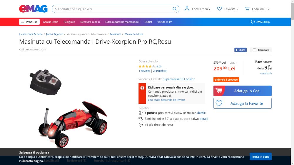 Masinuta cu telecomanda Xcorpion Pro RC, iDrive,Rosu + Transport 0