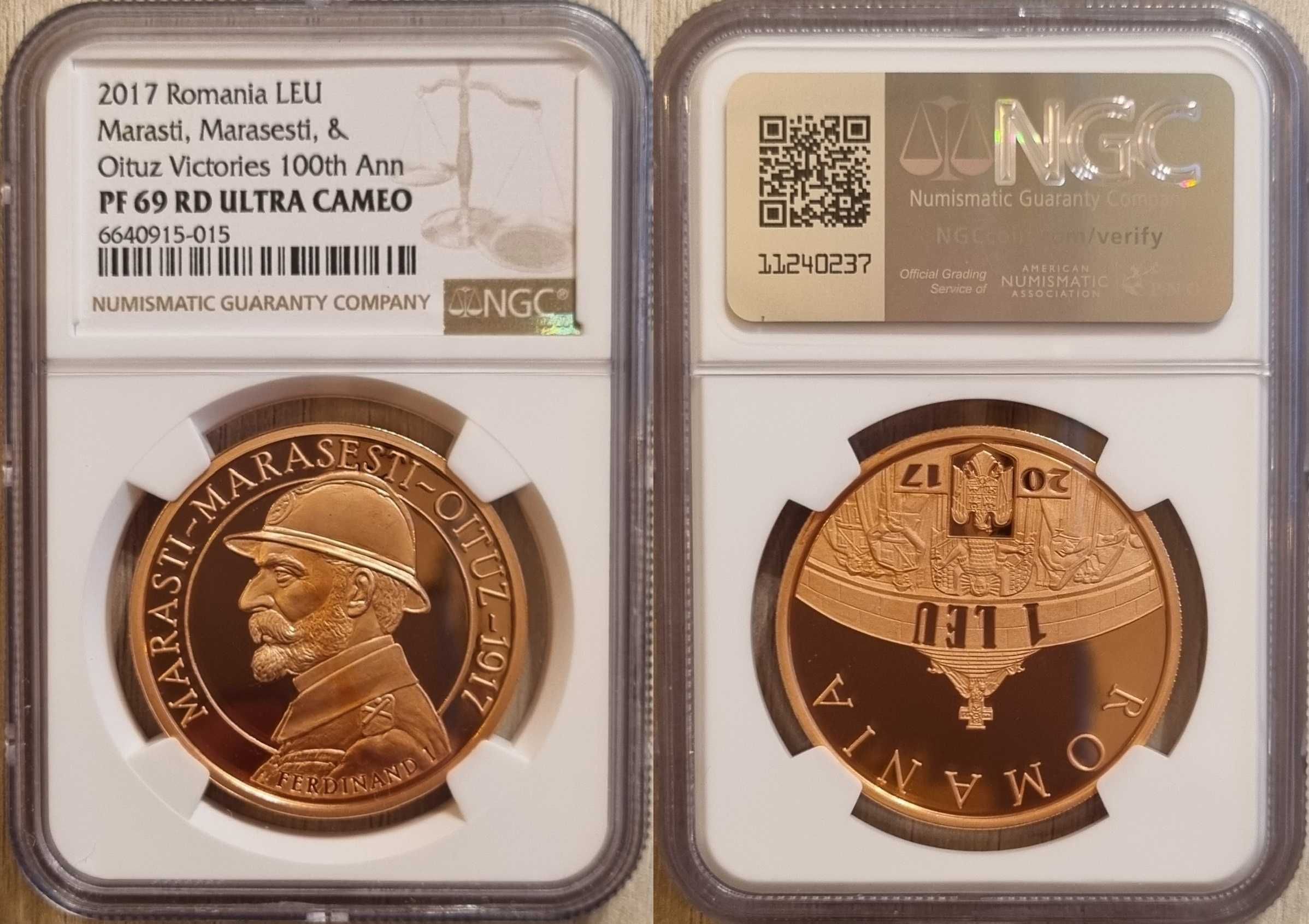 Moneda BNR 1 leu tombac Marasti, Marasesti, Oituz gradata NGC PF 69 UC
