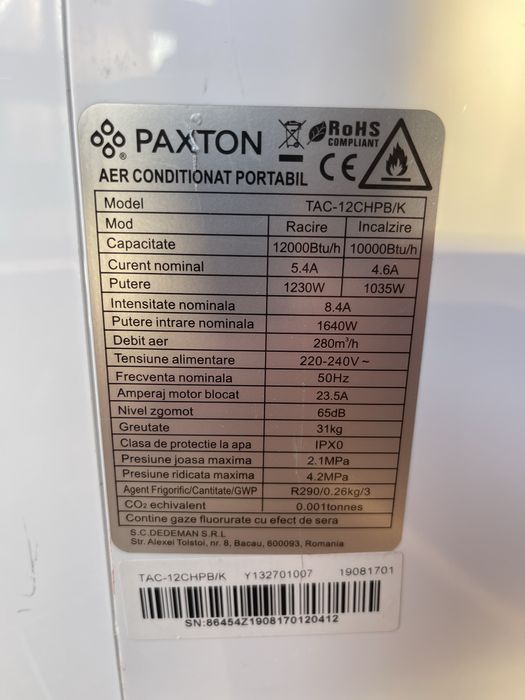 Aer conditionat portabil Paxton 12000BTU