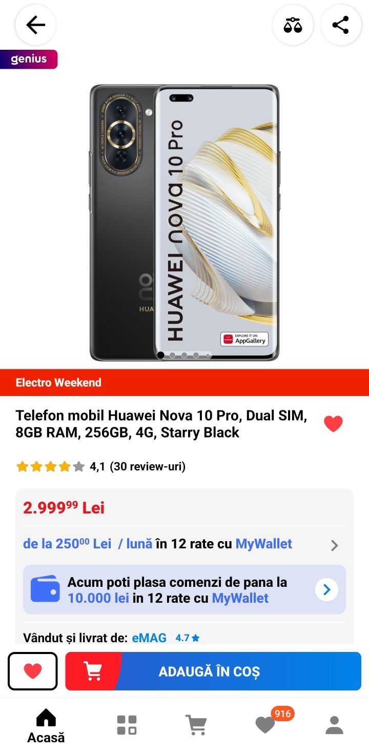 Telefon mobil Huawei Nova 10 Pro, Dual SIM, 256GB, 4G, Starry Black