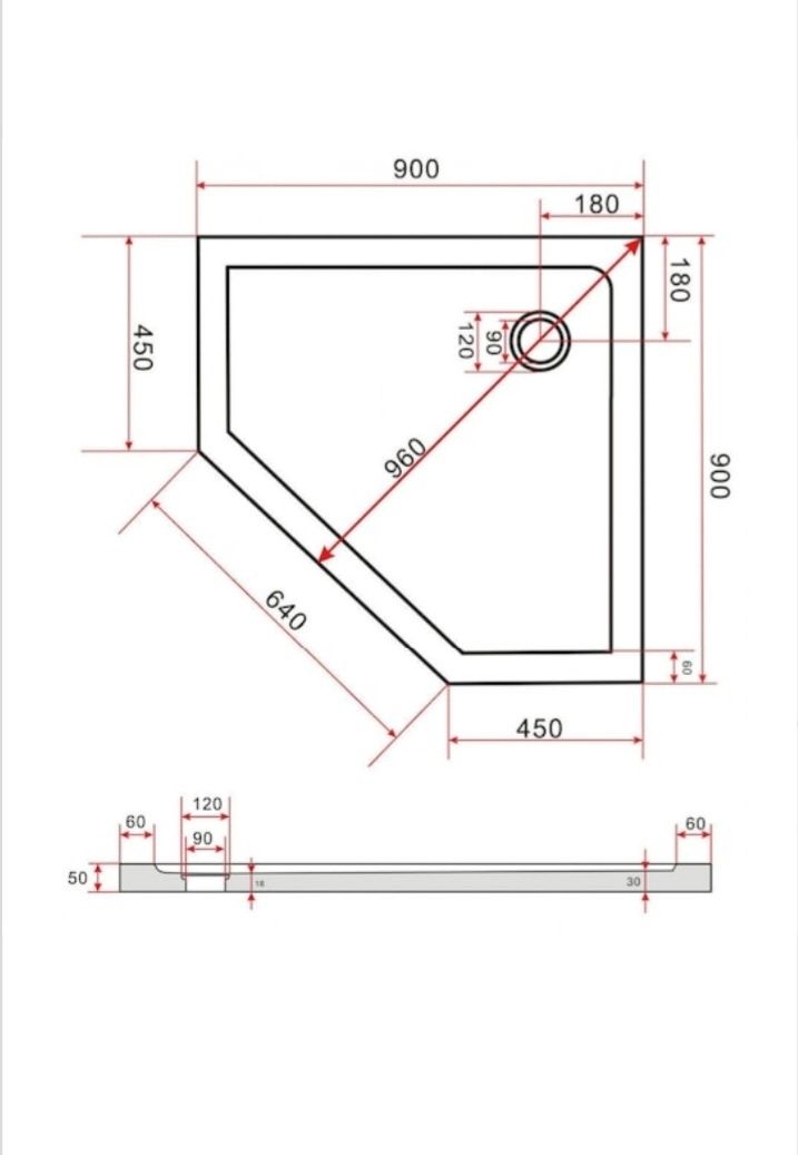 Cădiță duș, formă pentagonală neagră, înălțime 5cm, dimensiune 90x90