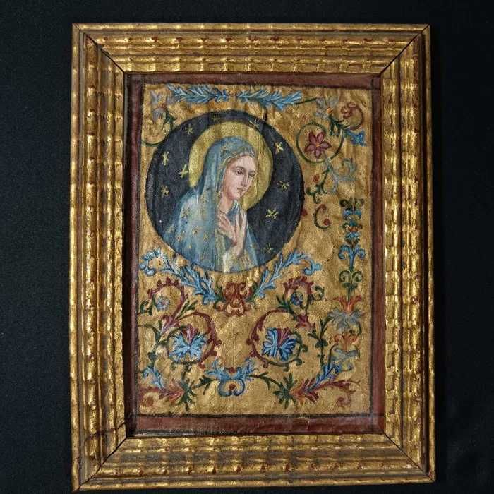 Iconita Maica Domnului, sec 19, pictata matase, colectie, cadou