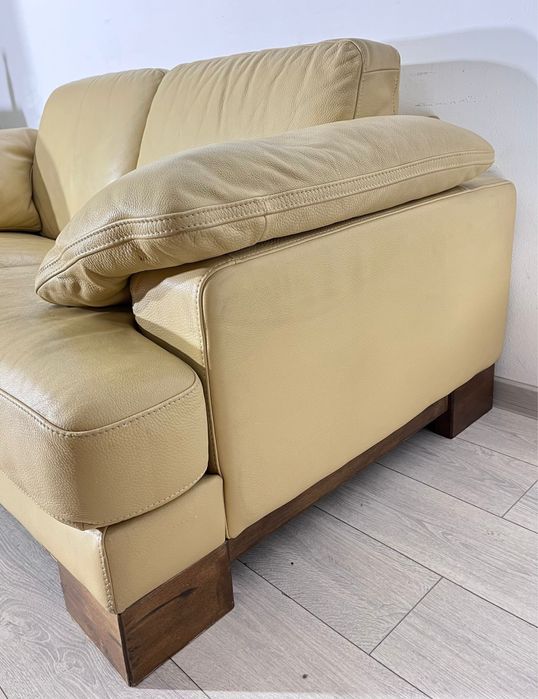 Canapea 2 Locuri din Piele Naturală, Bază din Lemn Masiv