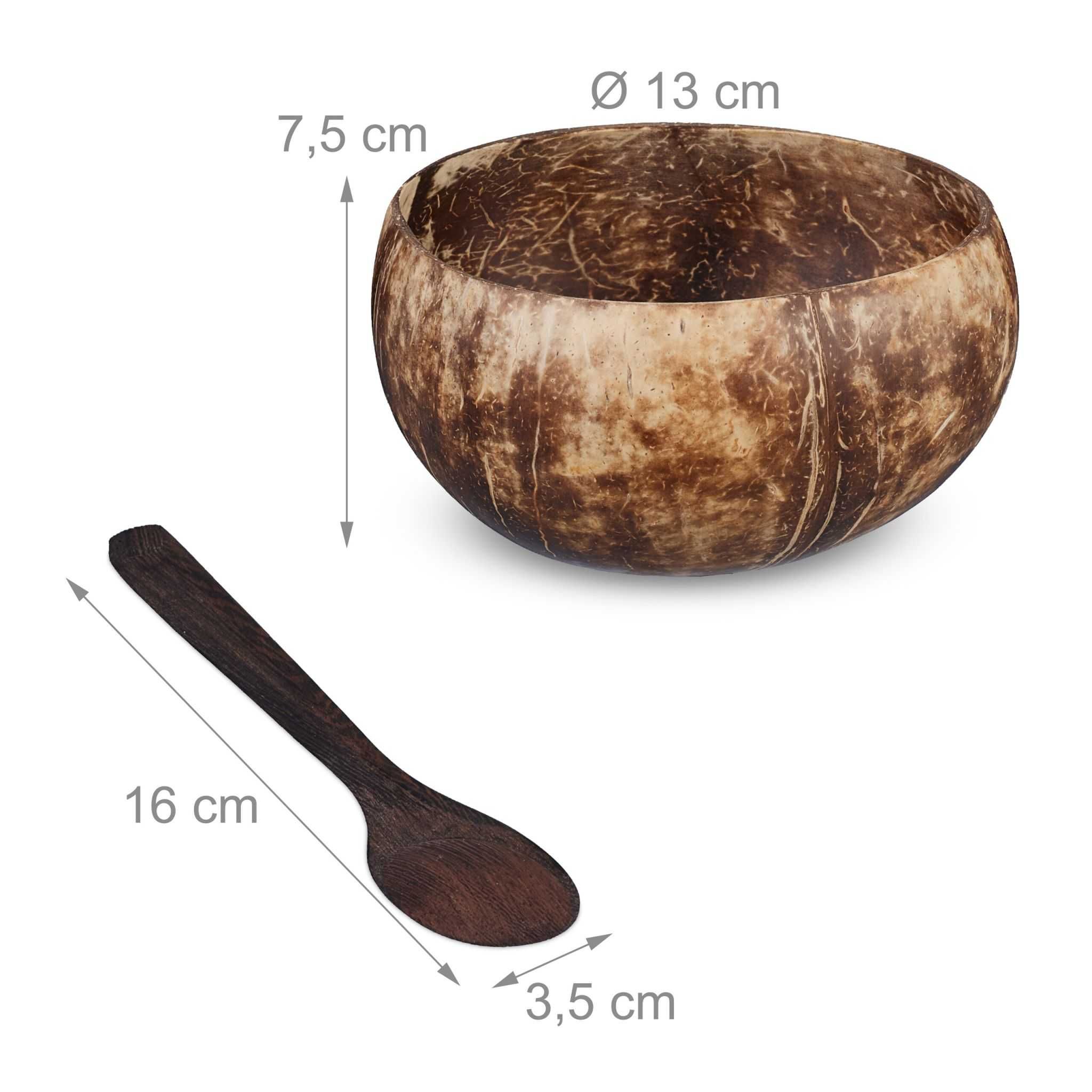 Set 2 boluri din coaja de nuca de cocos si linguri din lemn 7.5x13 cm