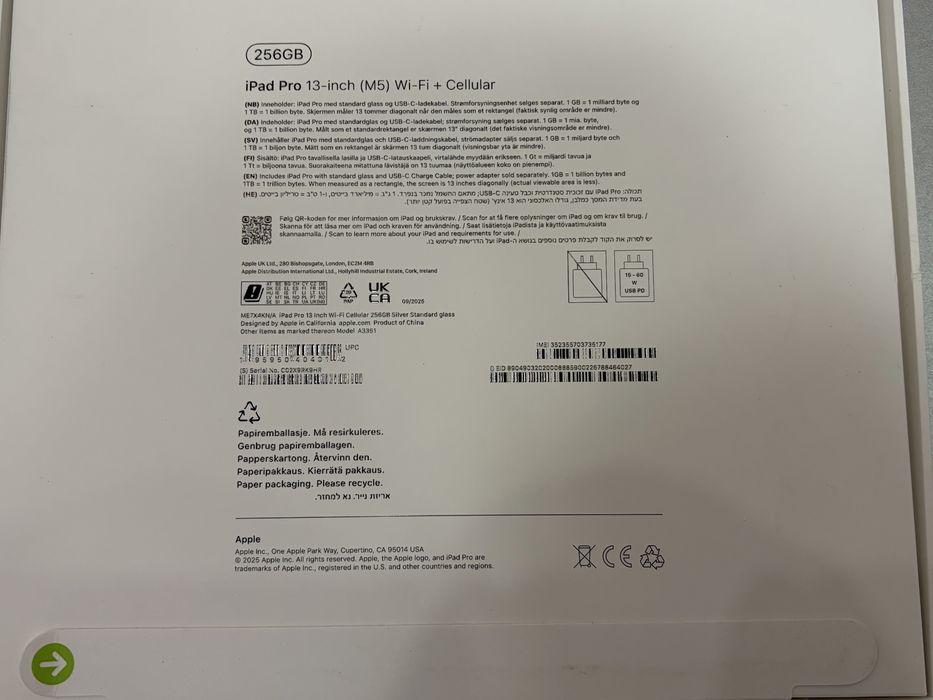 Ipad Pro 13”, M5, 2025, 256GB, WiFi+Cellular, Silver, nou la cutie