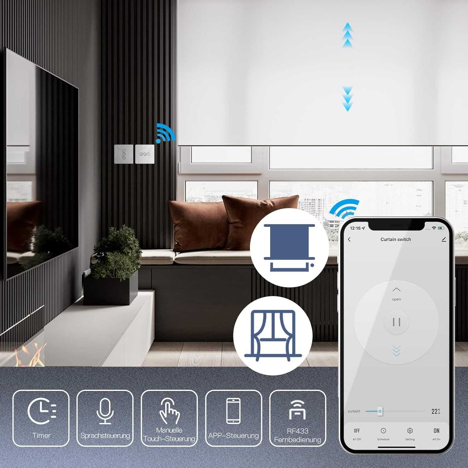 НОВ! Смарт WiFi Стенен Прекъсвач за Ролетни Щори, 4 бр/к-кт