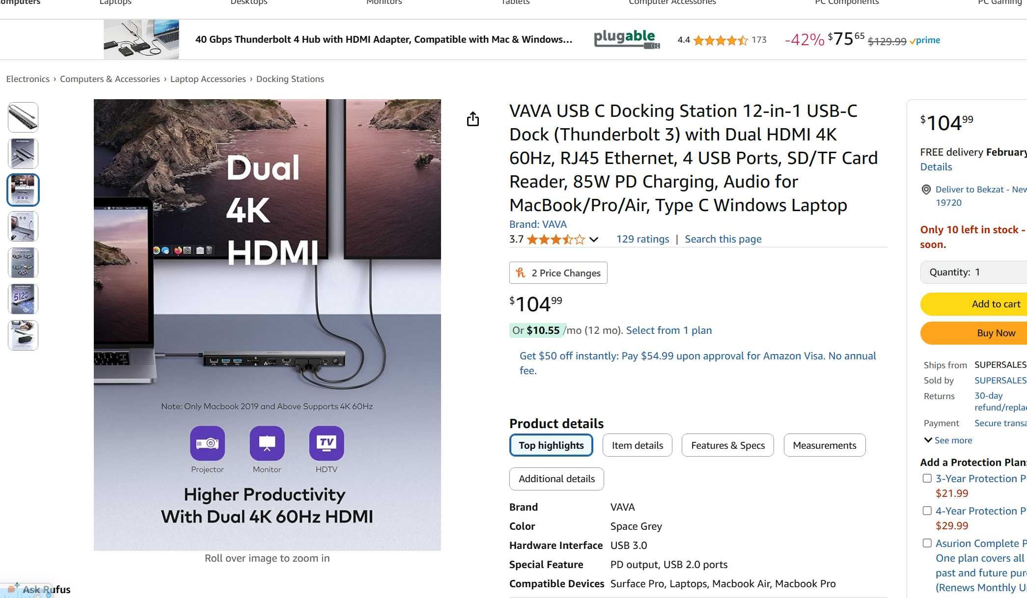 VAVA USB C Док станция 12-in-1 USB-C Thunderbolt 3 Dual HDMI 4K 60Hz