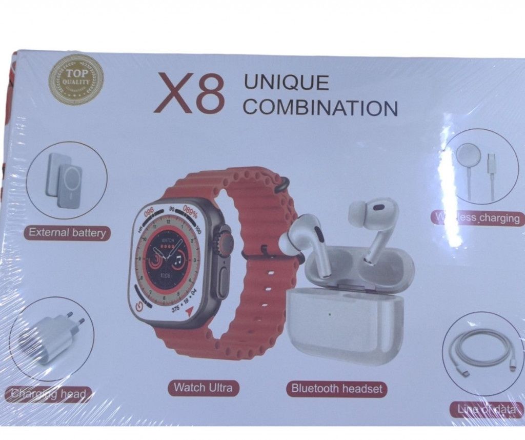 Комплект 8в1 Smartwatch,безжични слушалки,зарядно,кабел,външна батерия