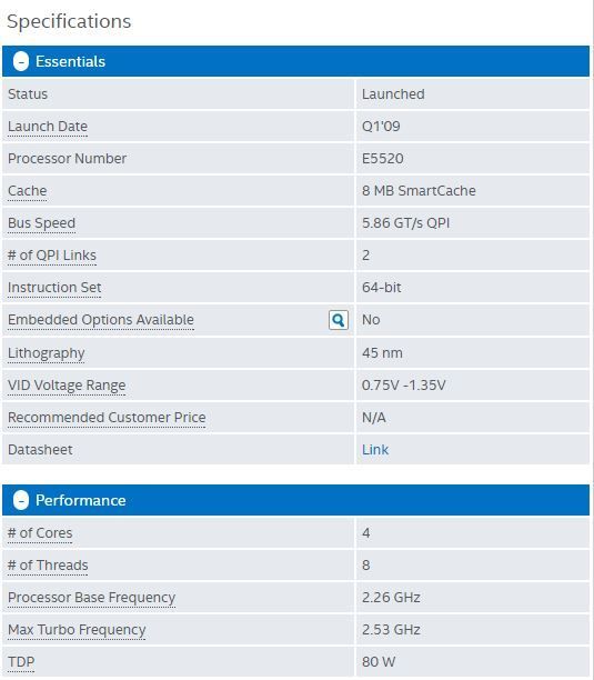 CPU Intel Xeon E5520, 8M Cache, 2.26 GHz,4 cores, FCLGA1366