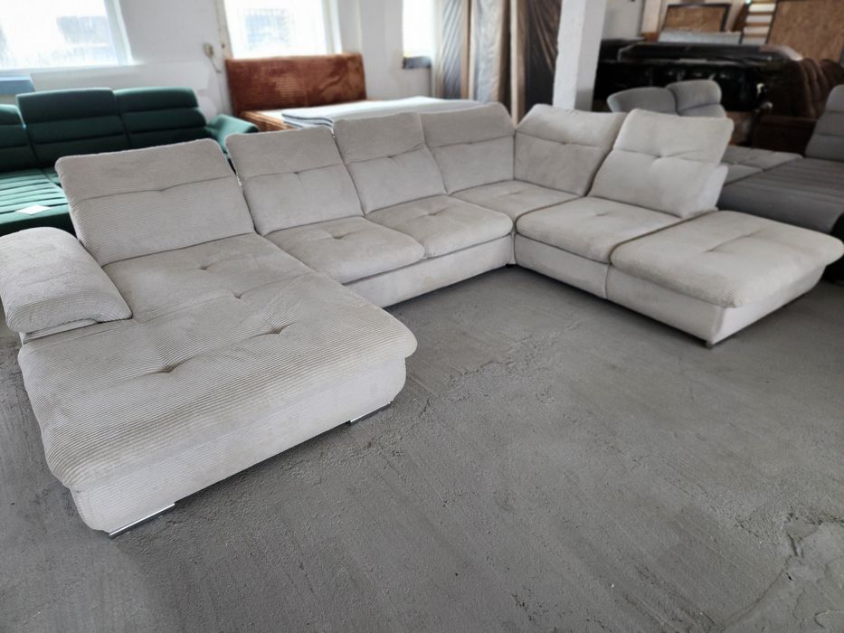 NOU Coltar U 365cm, spatare reglagibile, nuanta alb-murdar