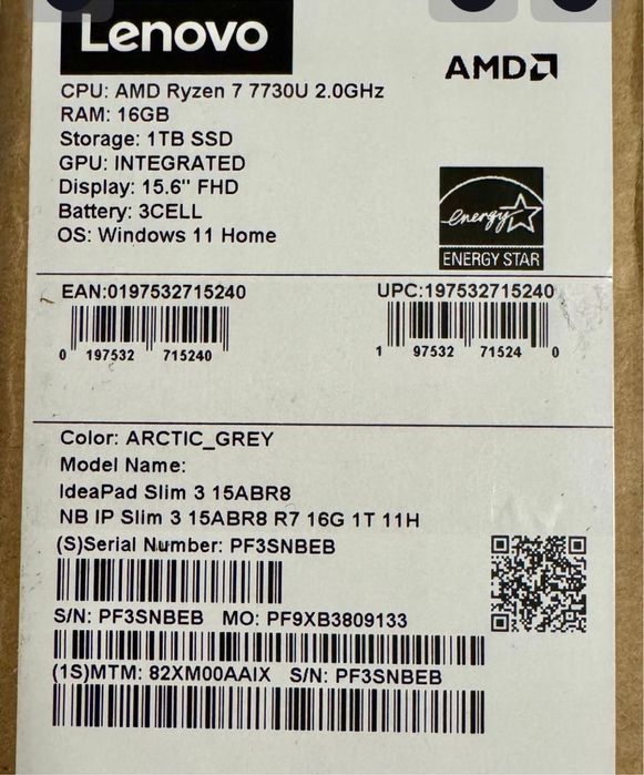 Laptop Lenovo Slim 3 15ABR8 Ryzen7 16GB 1TB NVMe Nou  Transport Inclus