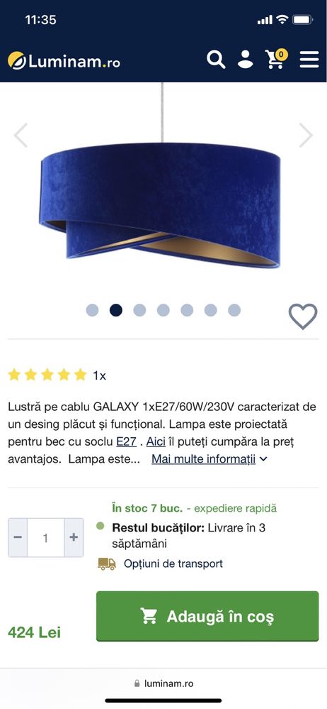 Vând lustră pe cablu GALAXY