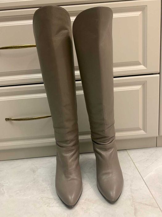 Cizme piele naturala, gri, pana la genunchi, masura 37