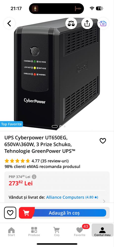 Vand UPS Cyberpower UT650EG, 650VA\360W, 3 Prize Schuko