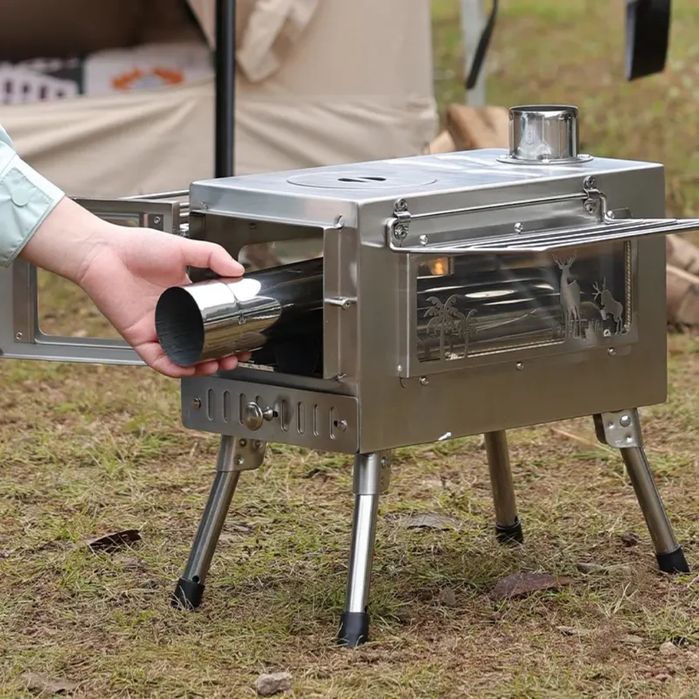 Туристическая походная печь с трубой и складными ножками  удобно