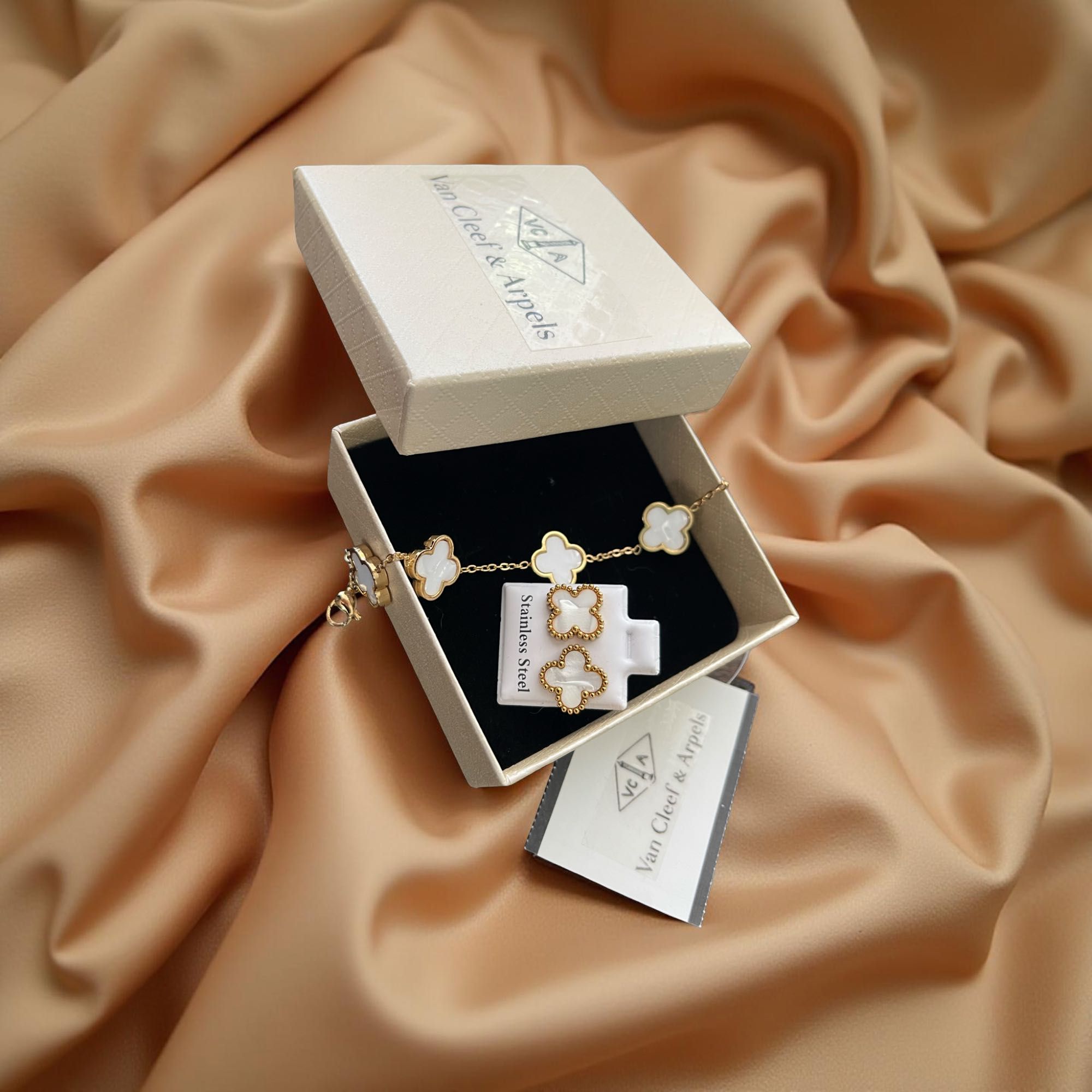 van cleef сет гривна обец лот комплект златен бял детелина неръждаем