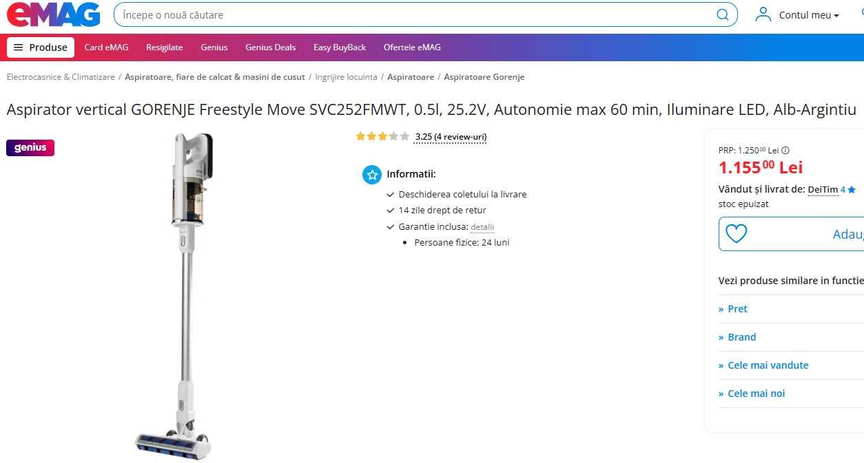 Aspirator vertical GORENJE Freestyle Move SVC252FMWT, 0.5l, 25.2V