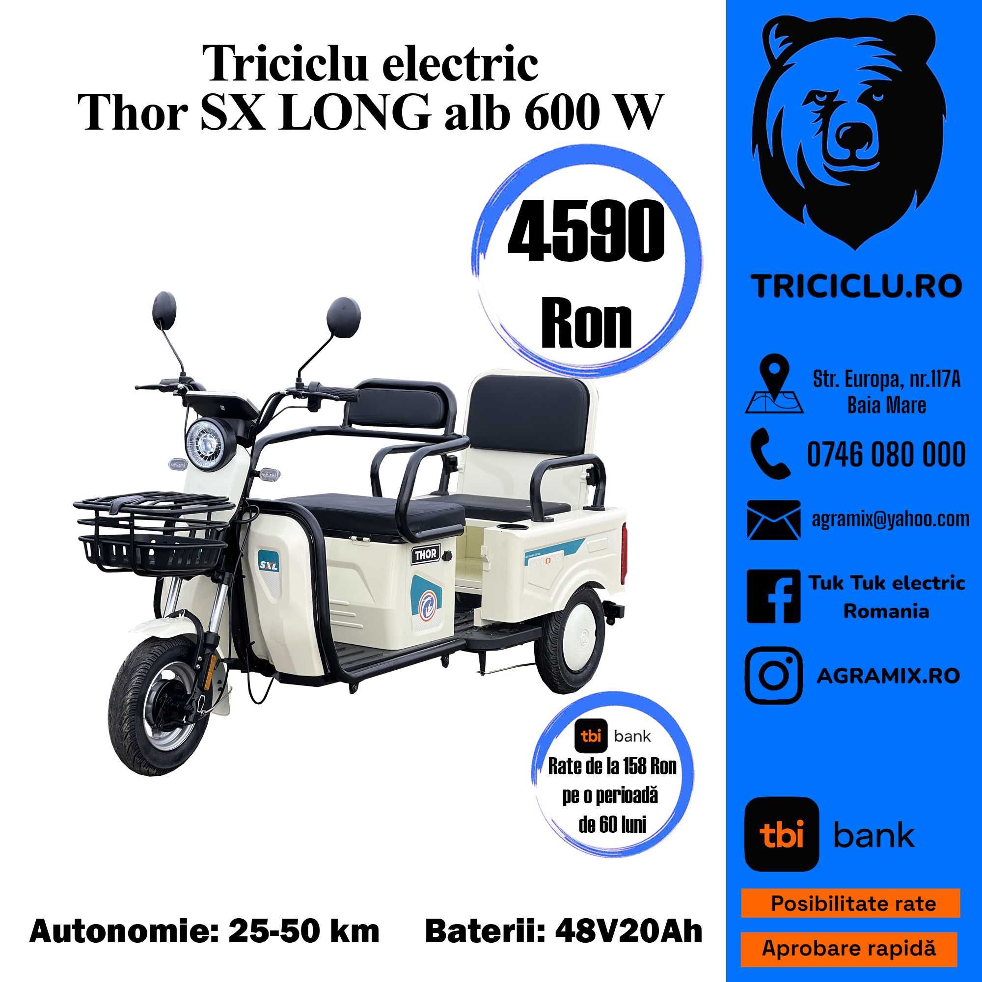 Triciclu electric Thor S X LONG 600W alb negru rosu gri Agramix