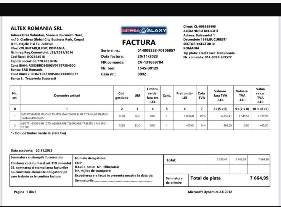 Iphone 15 Pro Max, inca in garantie, factura initiala pe numele meu.