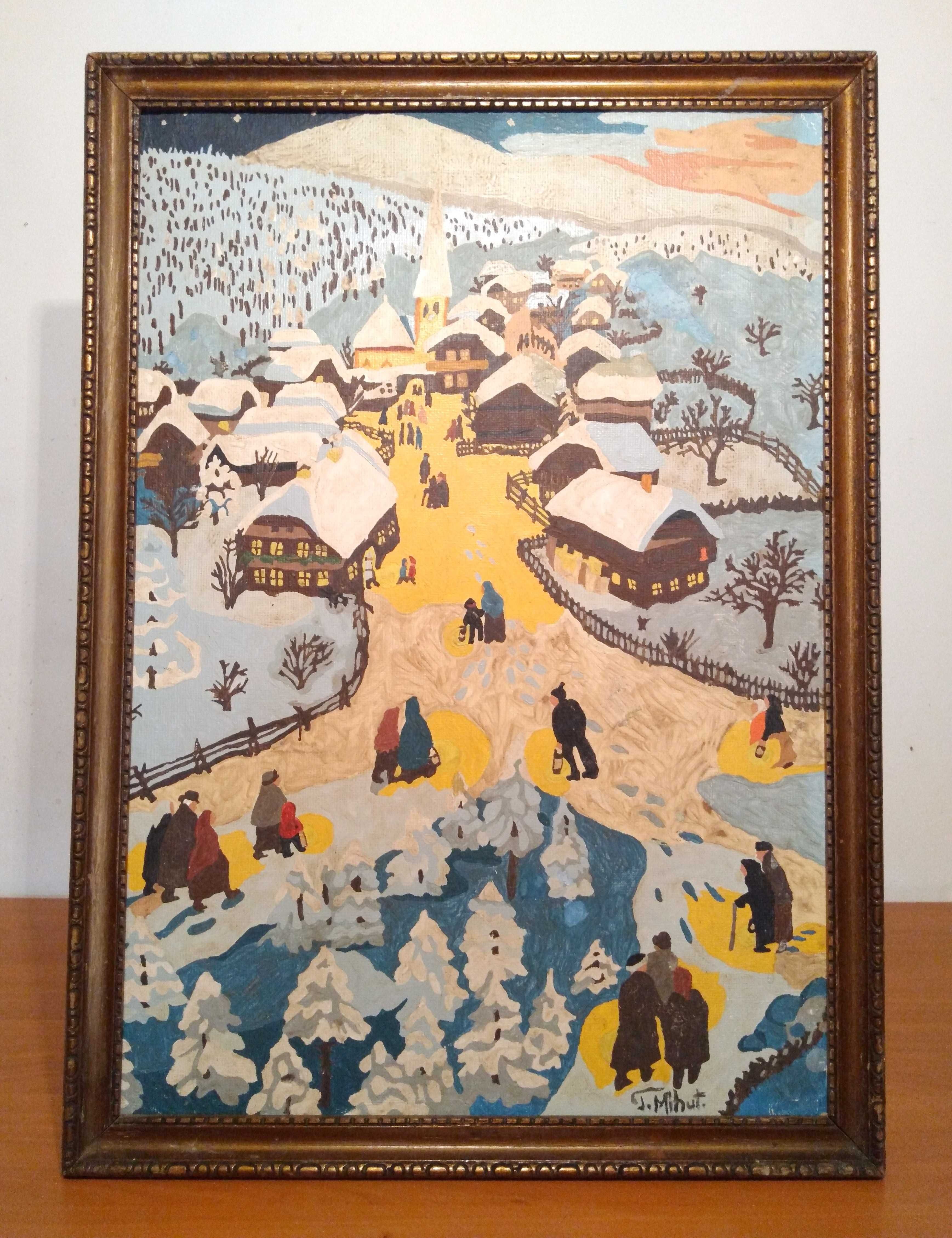 Pictură naivă Petru Mihuț | Iarna la munte | ulei pe carton
