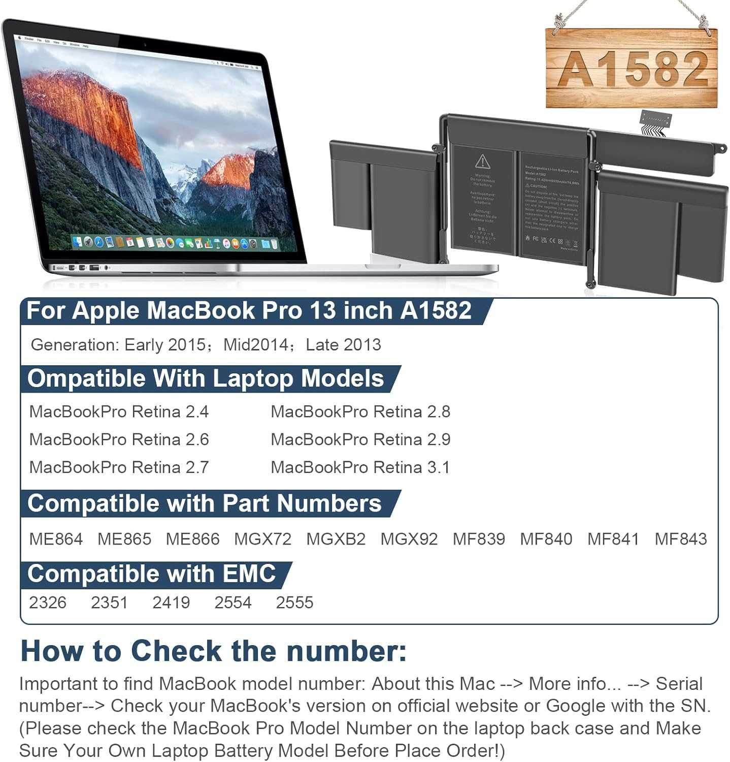 Aryee Батерия A1582 A1502 за MacBook Pro Retina 13 инча