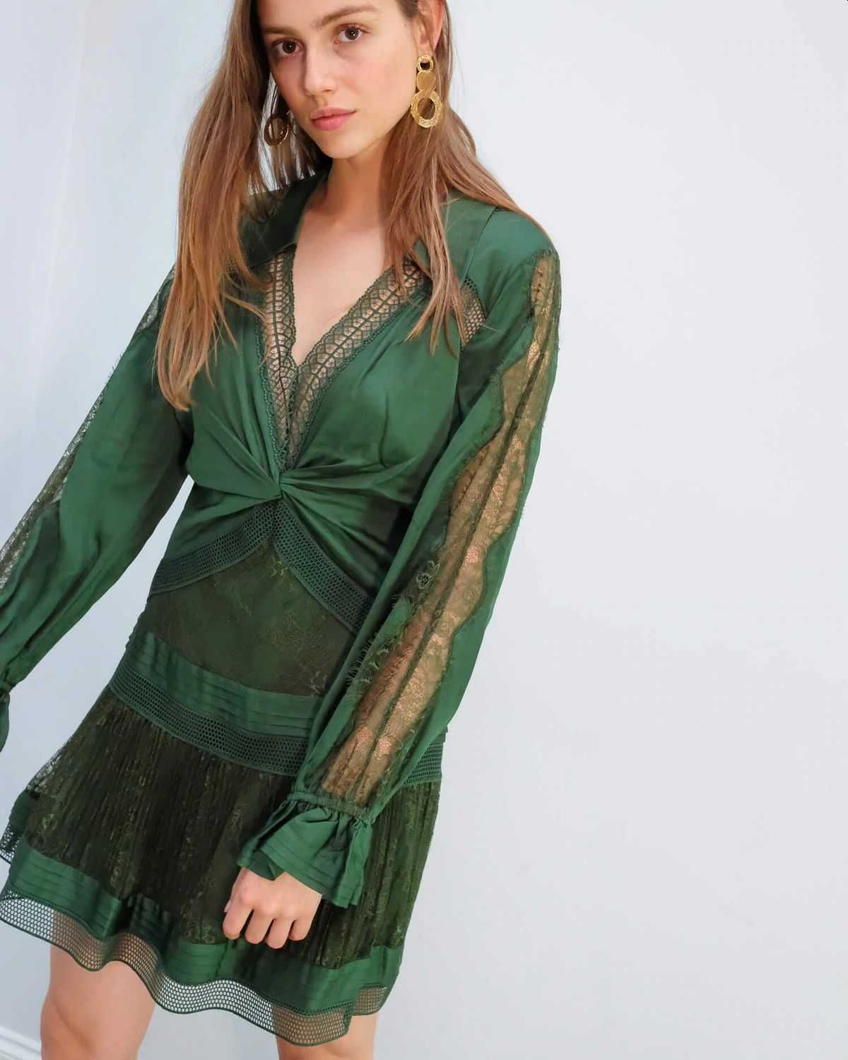 SELF-PORTRAIT green lace trim mini dress