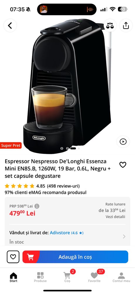 Espressor Nespresso De'Longhi Essenza Mini, in garantie