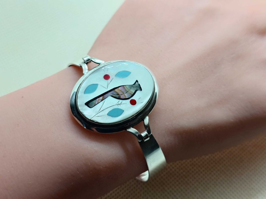 Brățară superbă din argint 900 cu panou inlay din sidef, Zuni