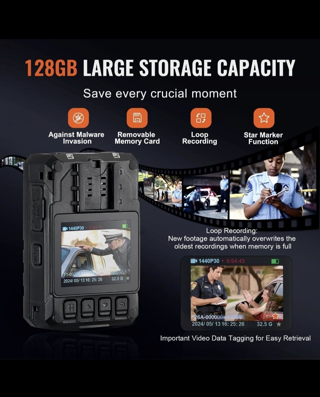 VEVOR 1440P Police Body Camera 128G Body Cam 3500 mAh Battery Night Vi