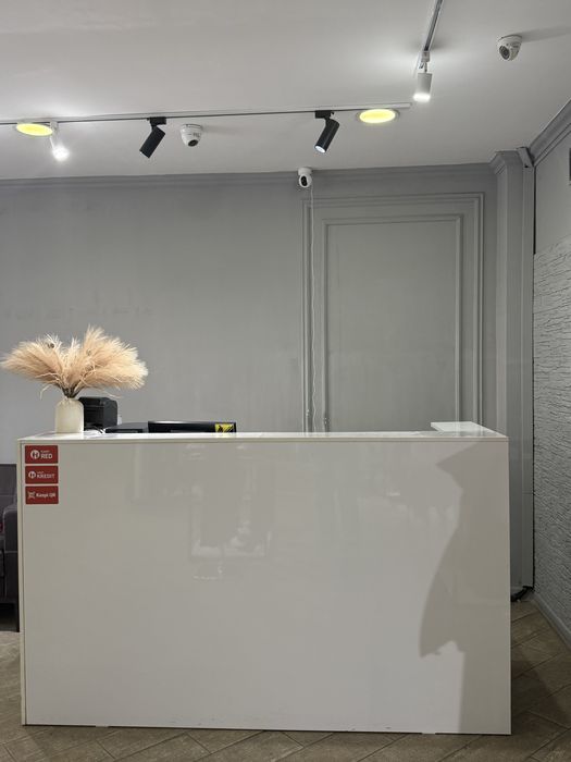 Мебель и оборудование для шоурума — ресепшен, зеркало, диван, рейлы