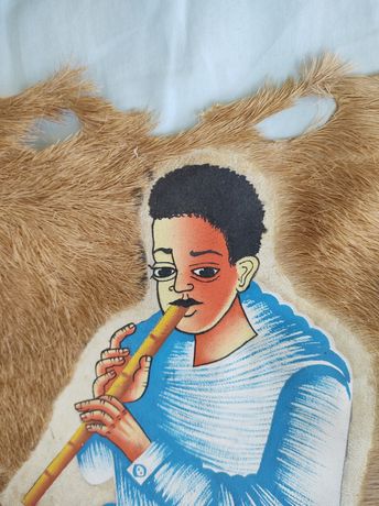 Pictura pe piele Baiatul cu fluier  origine Etiopia - unicat 25x30