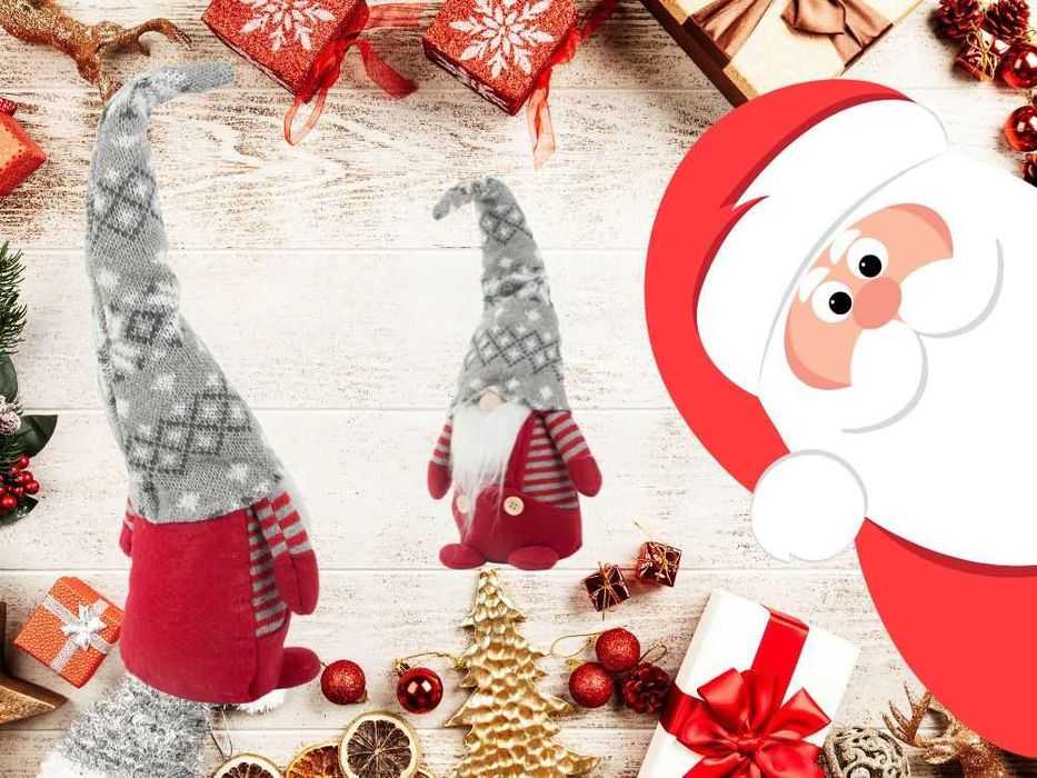 Decoratiune Craciun pitic rosu cu barba alba 38 cm figurina gnom